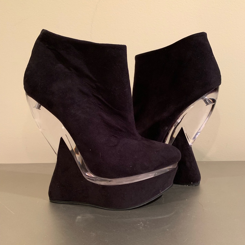 Black suede booties, clear heel